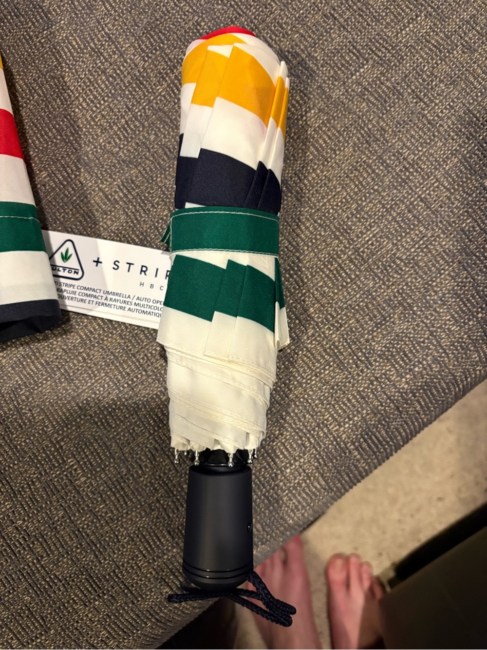 HBC Striped Compact Umbrella by Fulton- Red, Yellow, green, Navy & White! - Picture 4 of 5